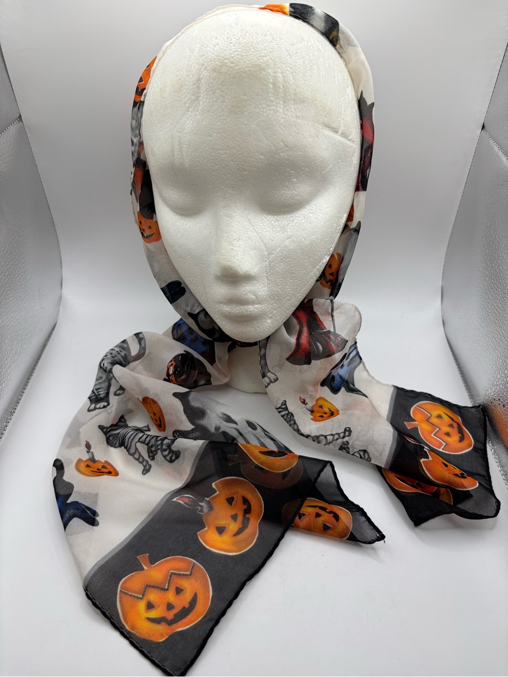 Liz Claiborne Halloween Scarf Black Cats Oblong Pumpkins Sheer Teacher